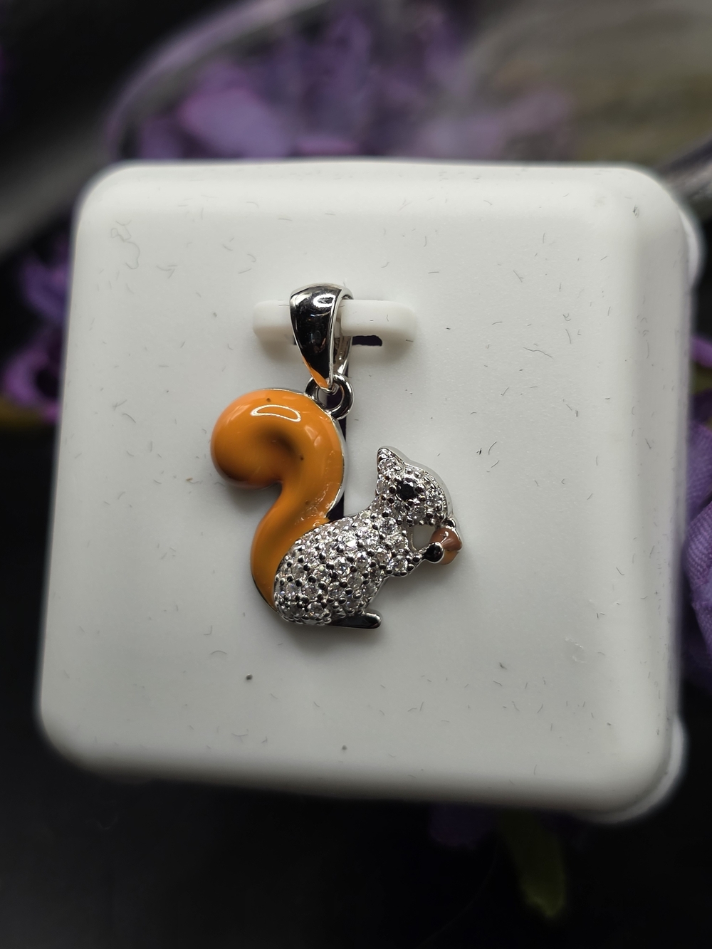 Moissanite Encrusted Squirrel Pendant Orange Tail